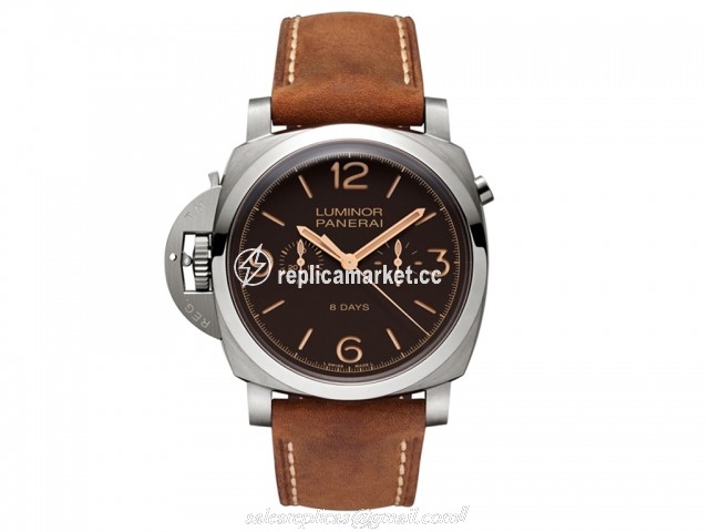PAM00579 Panerai Luminor 1950 Hand-wound mechanical, Panerai P.2004/9 calibre, executed entirely by Panerai, 13? lignes, 8.2 mm thick, 31 jewels, Glucydur? balance, 28,800 alternations/hour. KIF Parechoc? anti-shock device. Power reserve 8 days, 3 barrels. Column wheel. 329 components