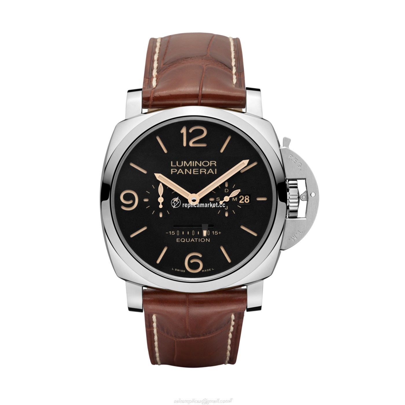 PAM00601 Panerai Luminor 1950 Hand-wound mechanical, P.2002/E calibre, executed entirely by Panerai, 13 ? lignes, 8,30 mm thick, 31 jewels, 28,800 alternations/hour. KIF PARECHOC? anti-shock device. Power reserve 8 days. 328 components